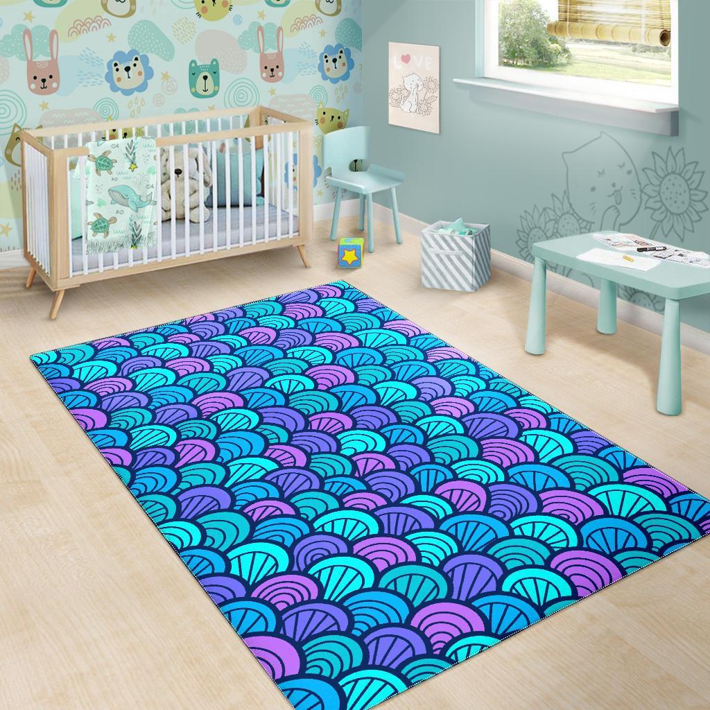 Teal Pink Mermaid Scales Pattern Print Area Rug