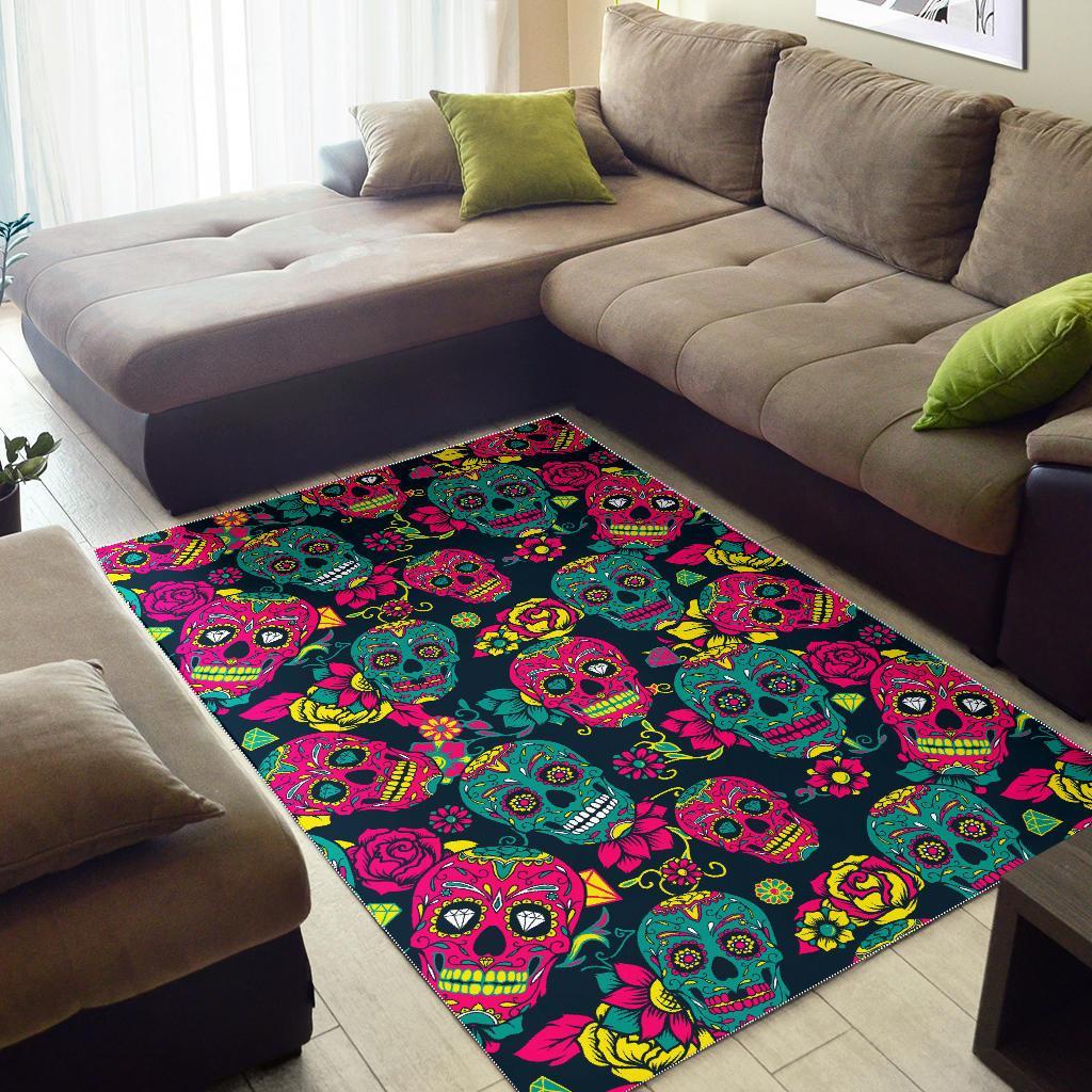 Teal Pink Sugar Skull Pattern Print Area Rug