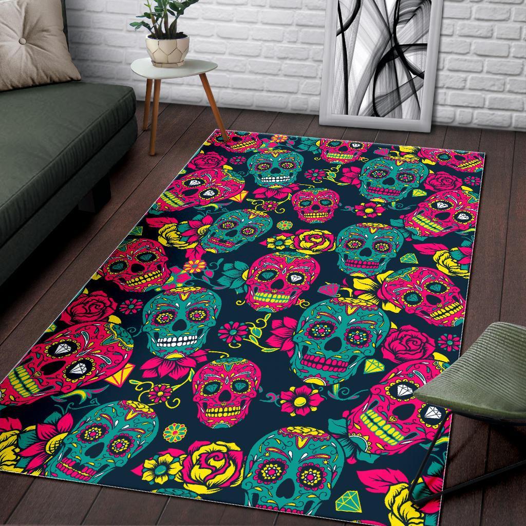 Teal Pink Sugar Skull Pattern Print Area Rug