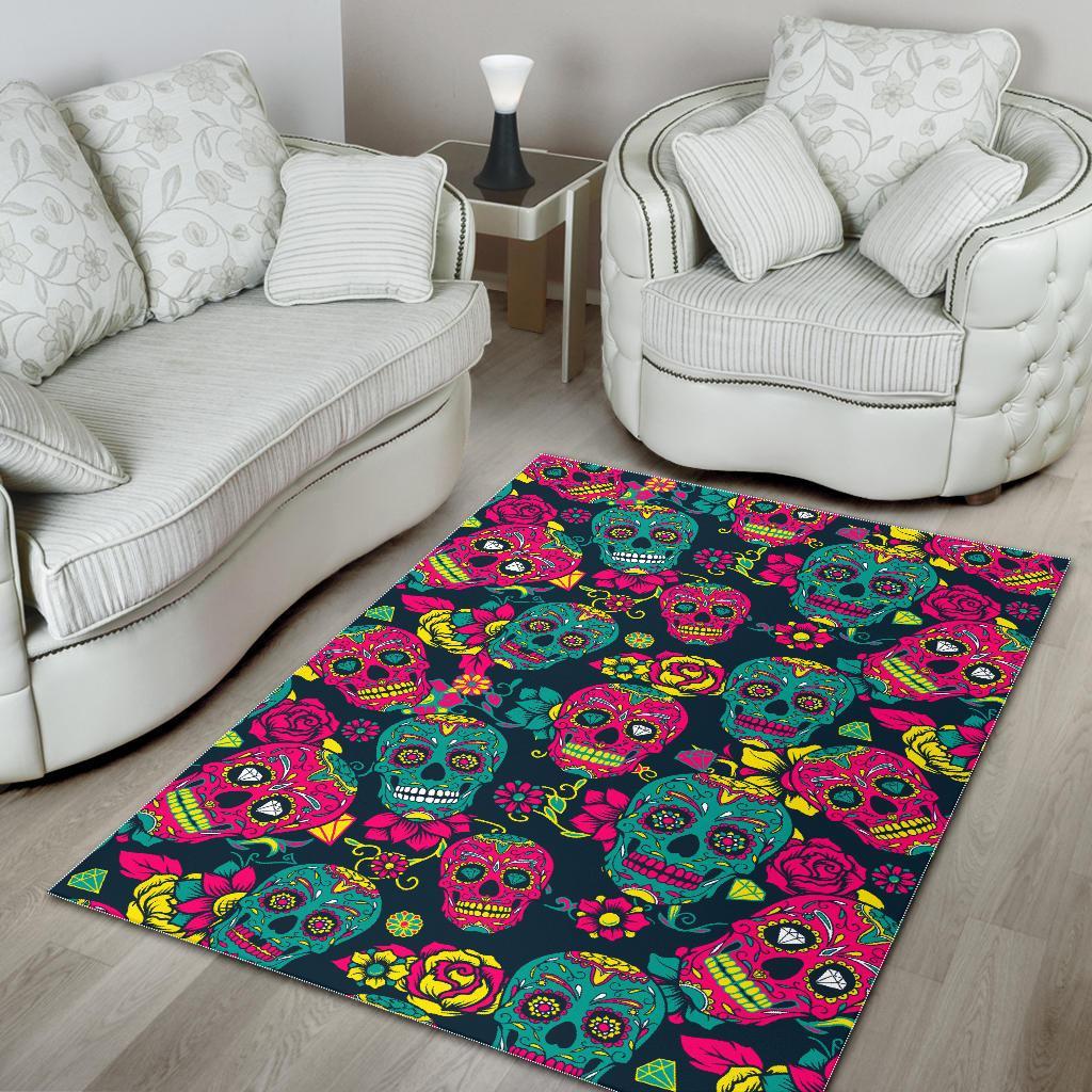 Teal Pink Sugar Skull Pattern Print Area Rug