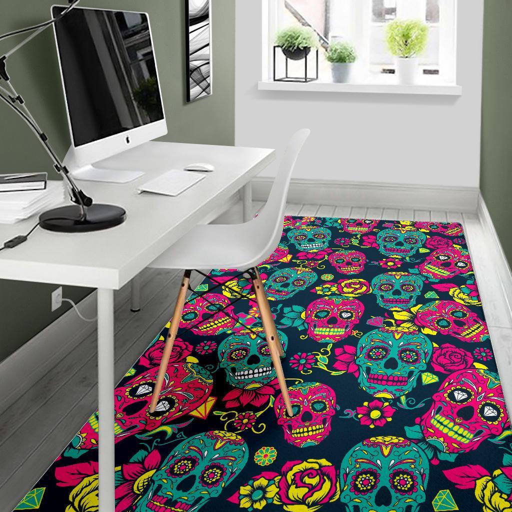 Teal Pink Sugar Skull Pattern Print Area Rug
