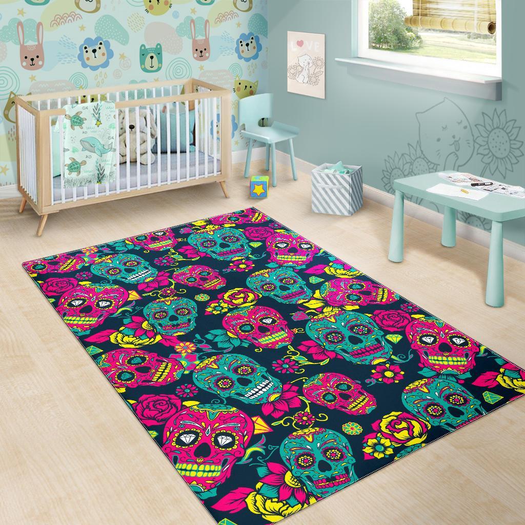 Teal Pink Sugar Skull Pattern Print Area Rug