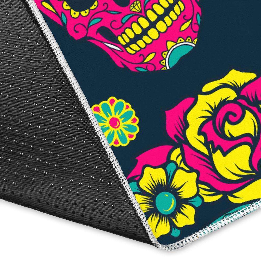 Teal Pink Sugar Skull Pattern Print Area Rug