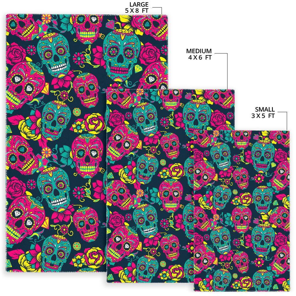 Teal Pink Sugar Skull Pattern Print Area Rug