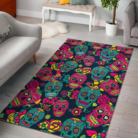 Teal Pink Sugar Skull Pattern Print Area Rug