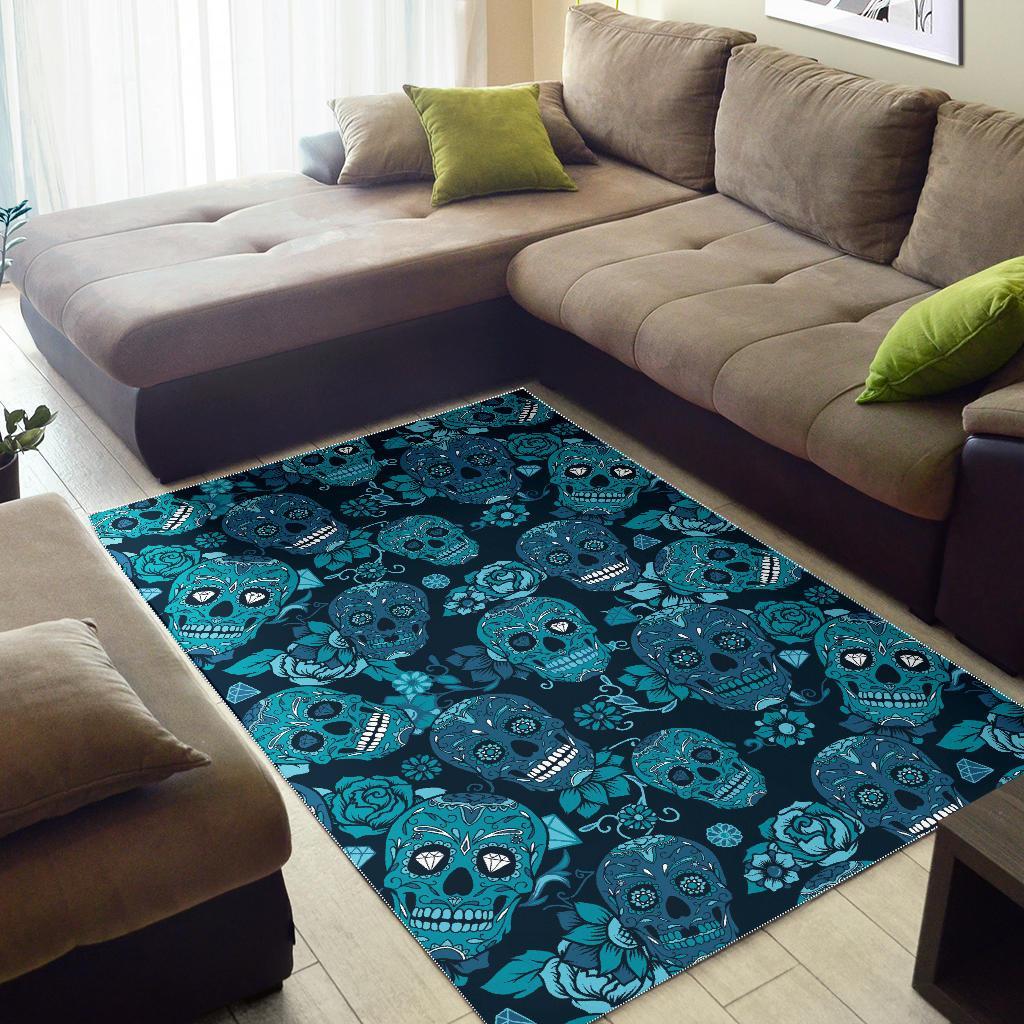 Teal Sugar Skull Flower Pattern Print Area Rug