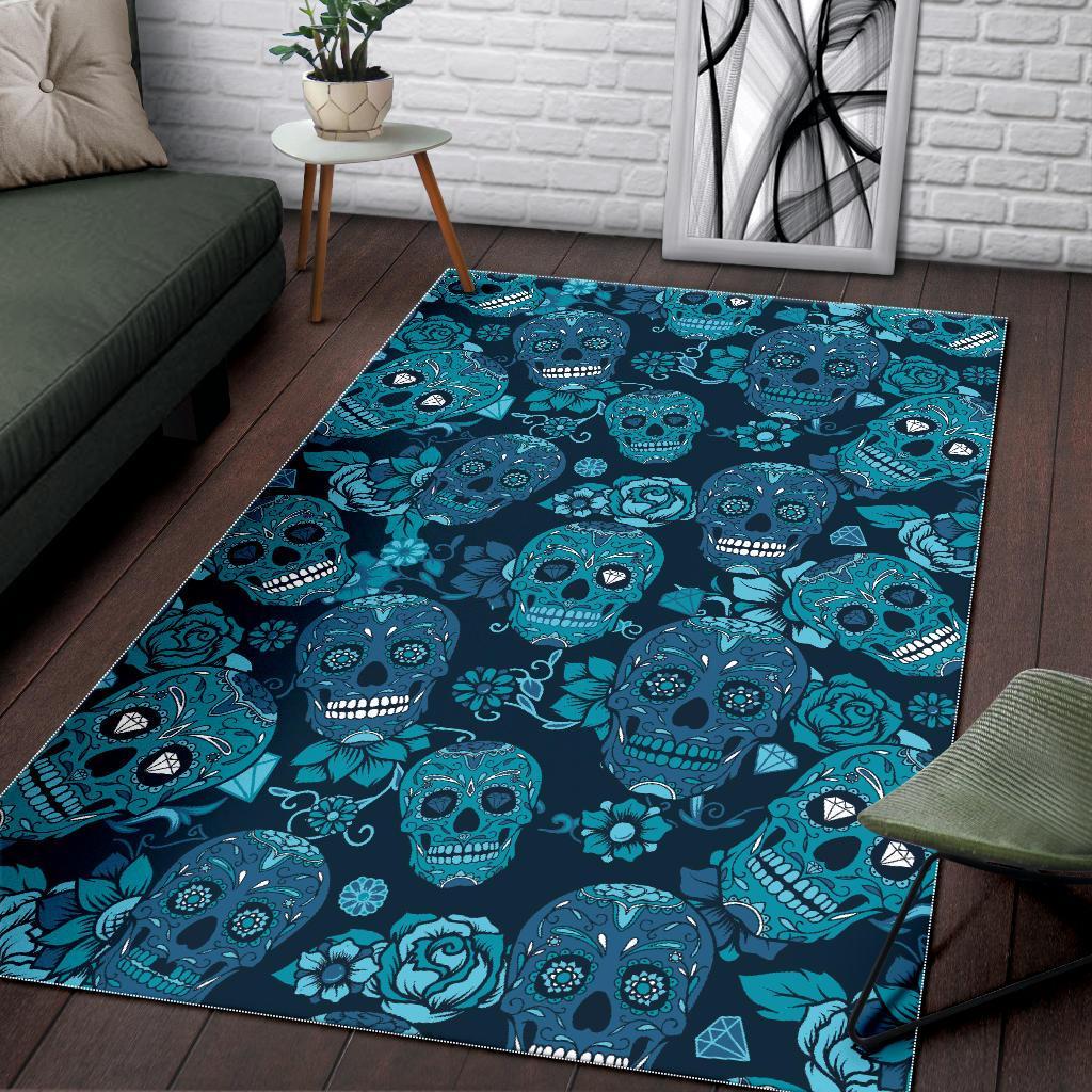 Teal Sugar Skull Flower Pattern Print Area Rug