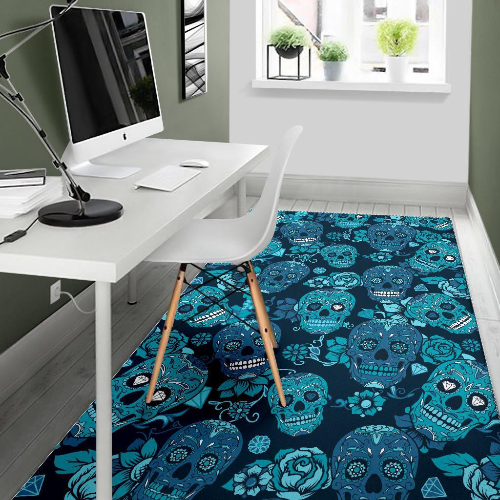 Teal Sugar Skull Flower Pattern Print Area Rug