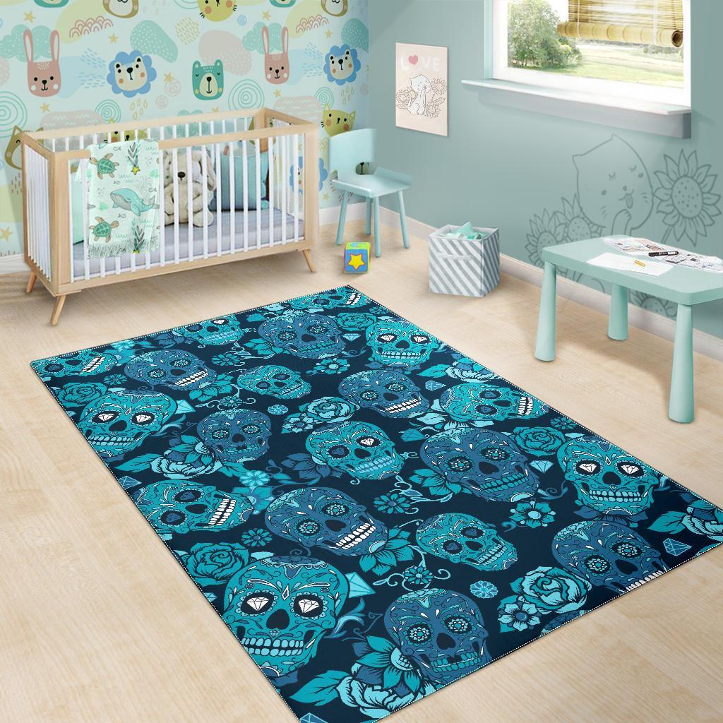 Teal Sugar Skull Flower Pattern Print Area Rug