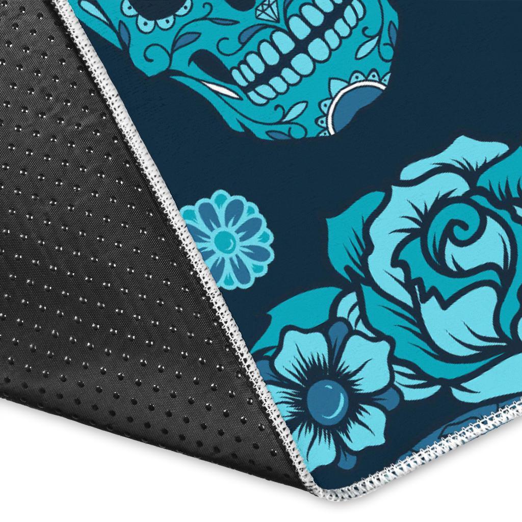Teal Sugar Skull Flower Pattern Print Area Rug
