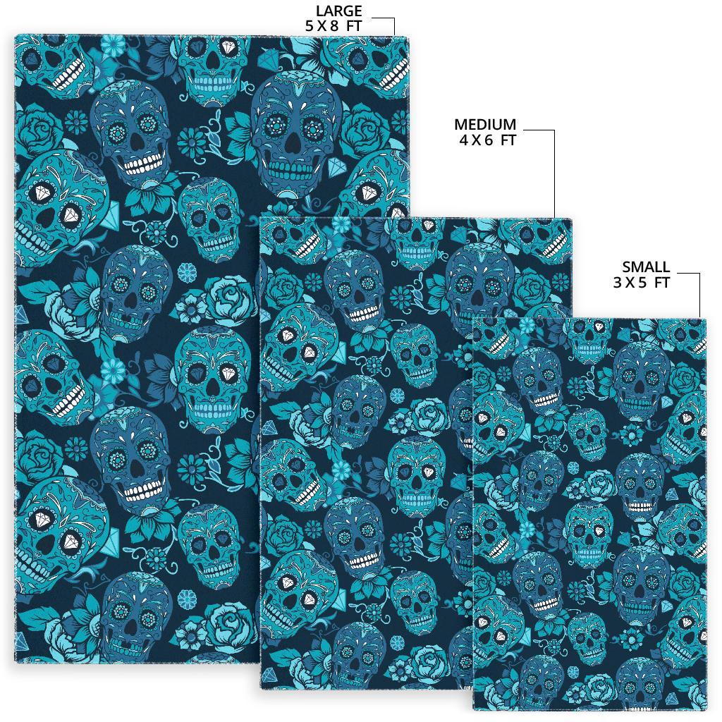 Teal Sugar Skull Flower Pattern Print Area Rug