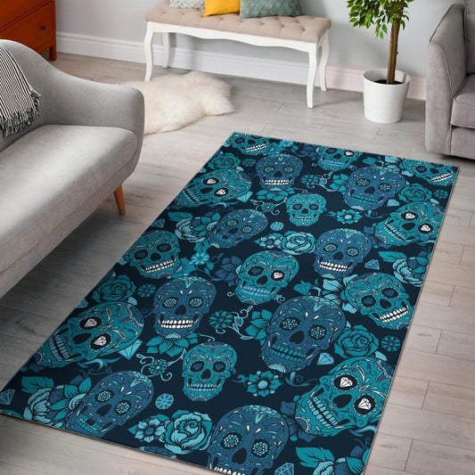 Teal Sugar Skull Flower Pattern Print Area Rug