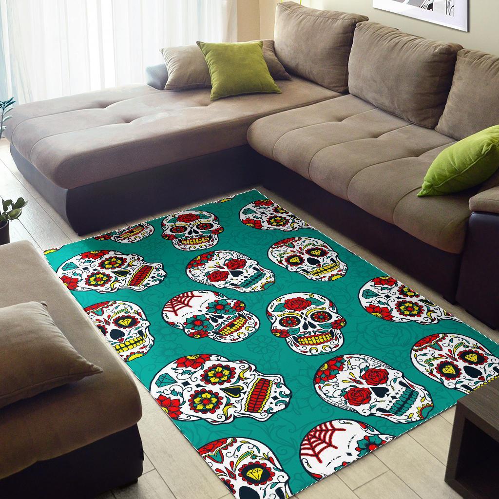 Teal Sugar Skull Pattern Print Area Rug