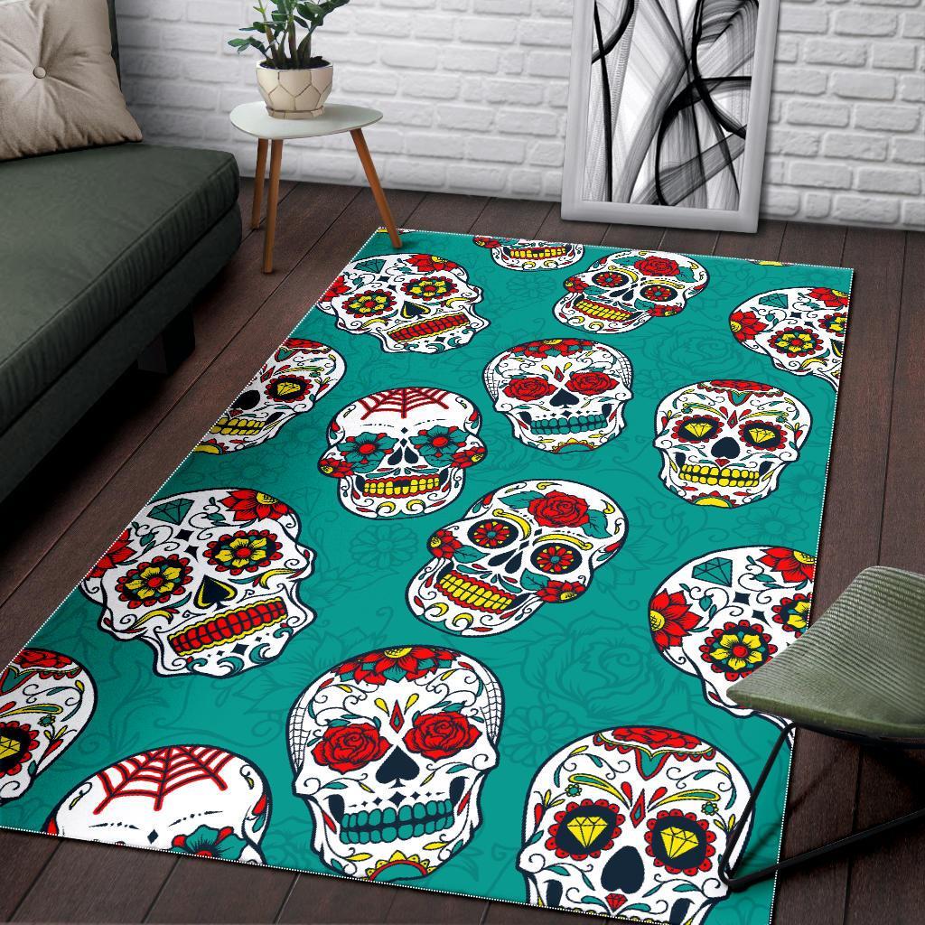 Teal Sugar Skull Pattern Print Area Rug