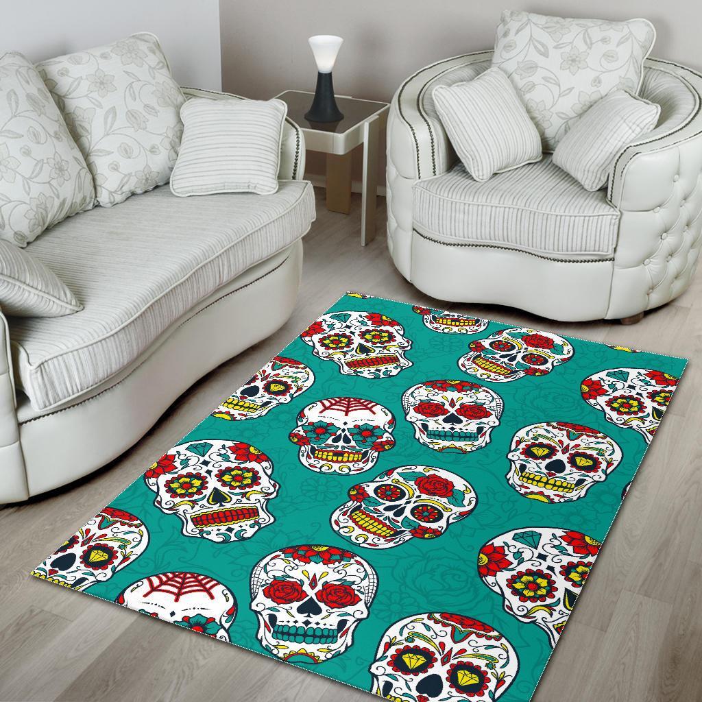 Teal Sugar Skull Pattern Print Area Rug