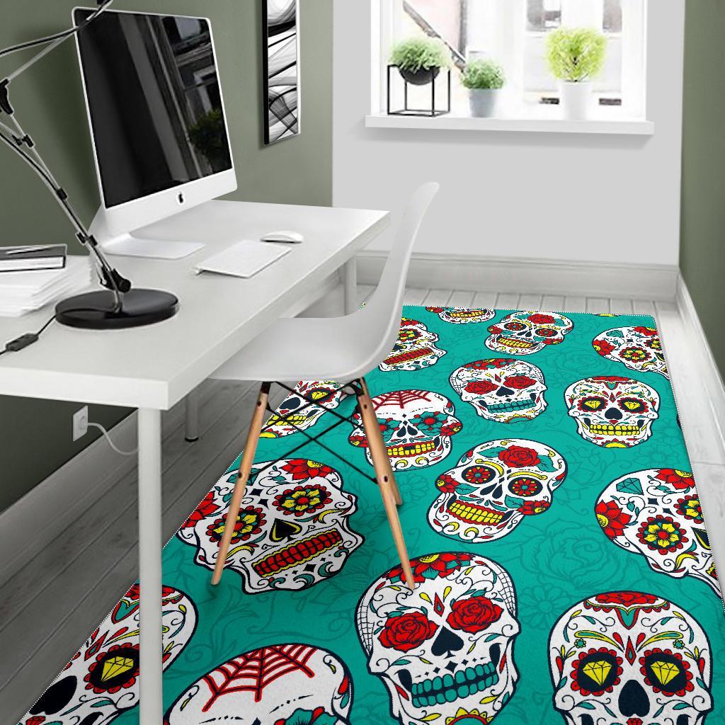 Teal Sugar Skull Pattern Print Area Rug