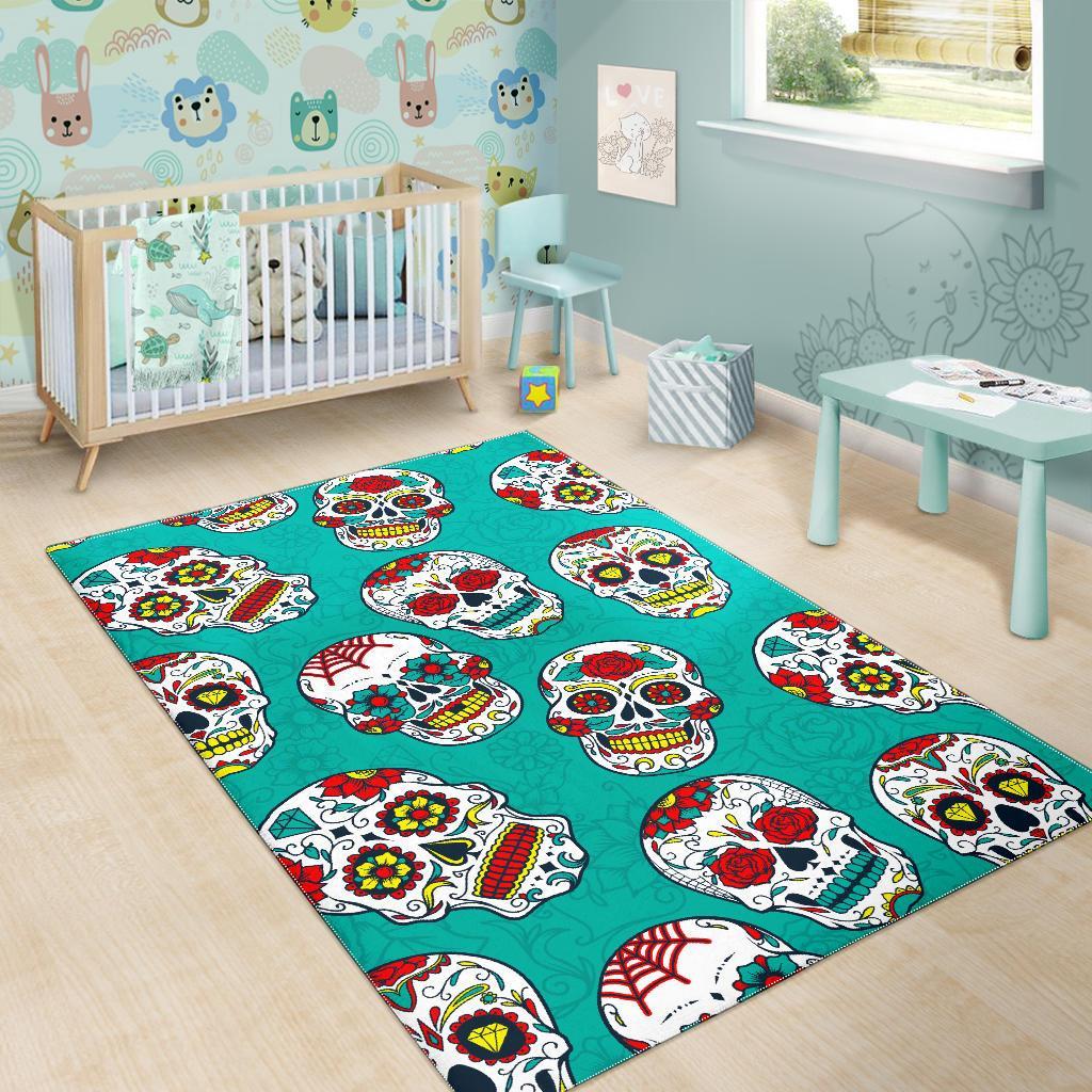 Teal Sugar Skull Pattern Print Area Rug