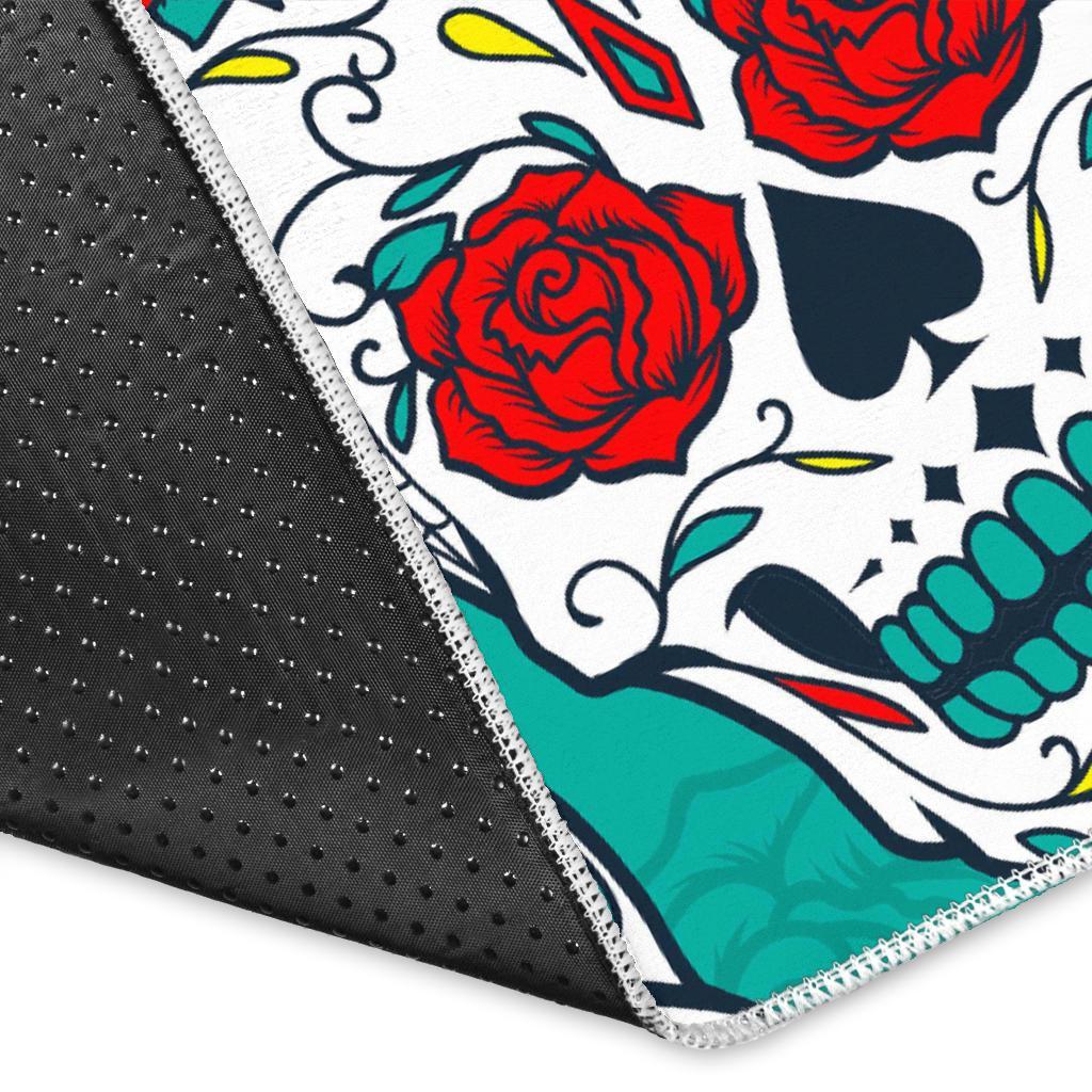 Teal Sugar Skull Pattern Print Area Rug