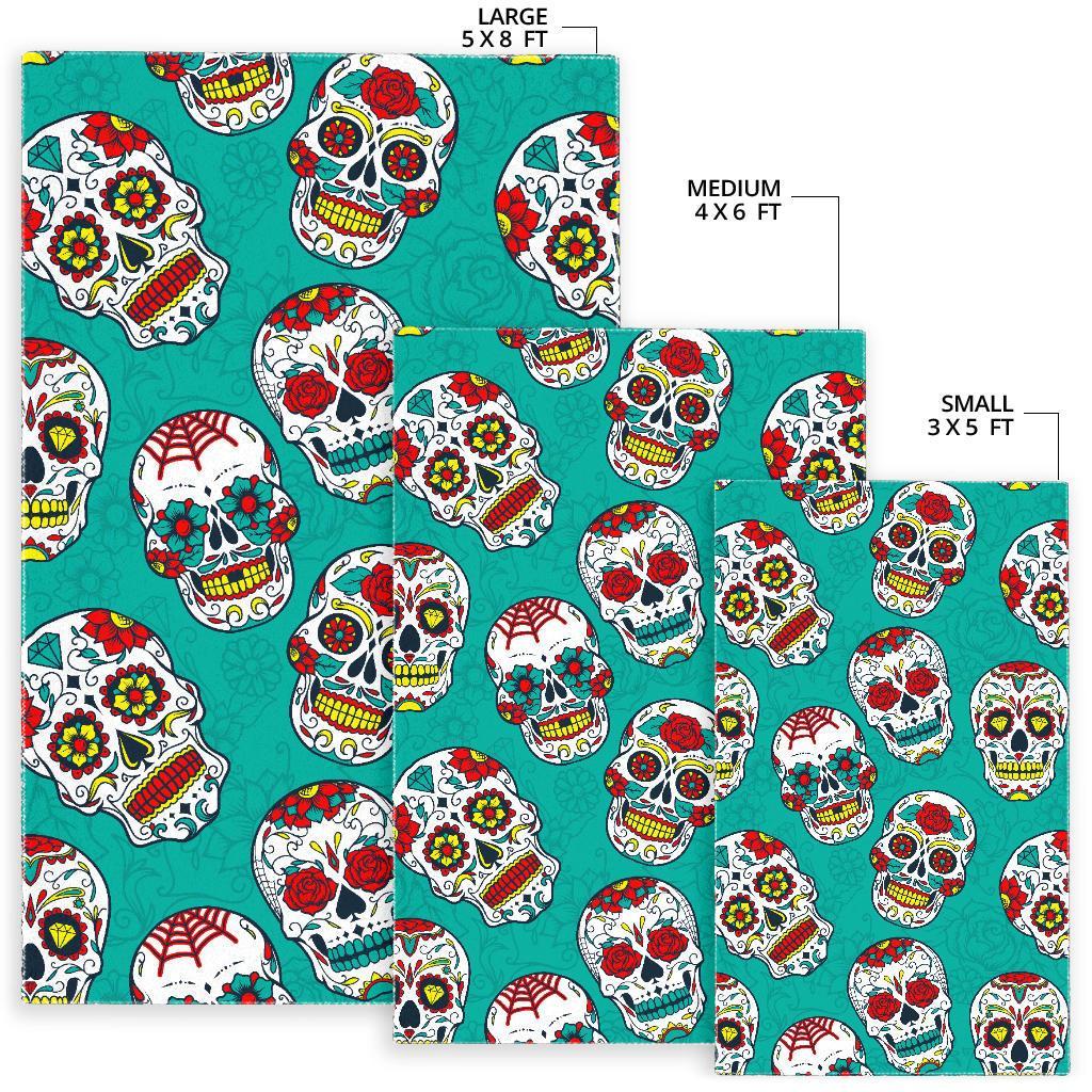 Teal Sugar Skull Pattern Print Area Rug
