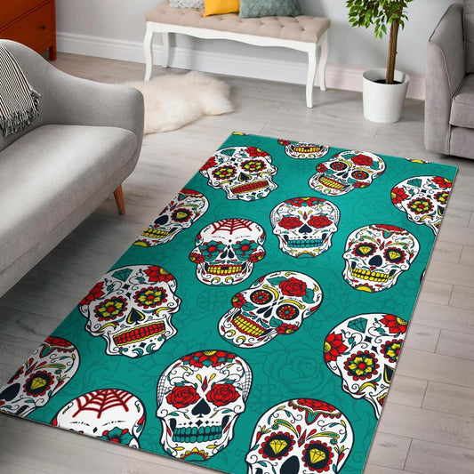 Teal Sugar Skull Pattern Print Area Rug