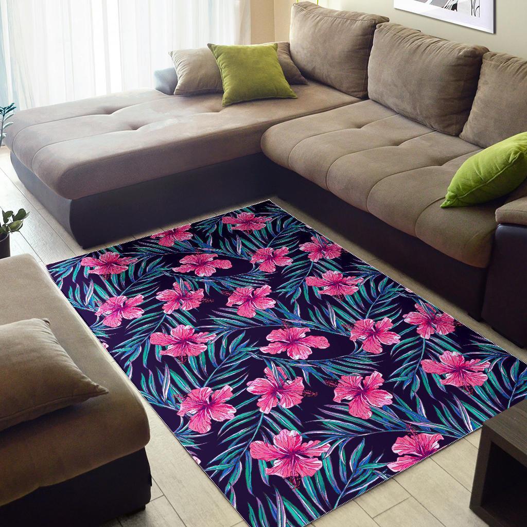 Teal Tropical Hibiscus Pattern Print Area Rug