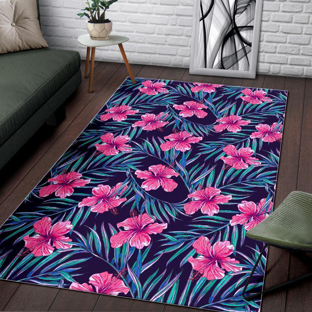 Teal Tropical Hibiscus Pattern Print Area Rug