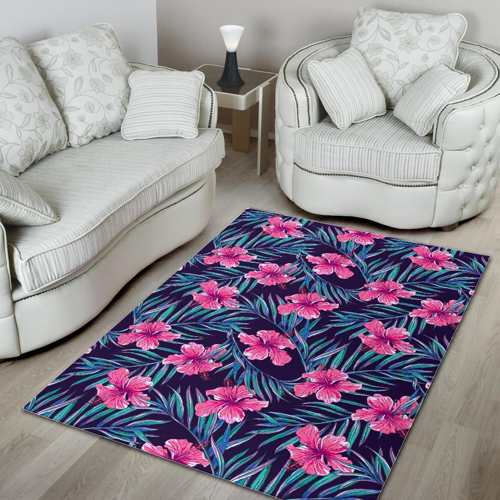 Teal Tropical Hibiscus Pattern Print Area Rug