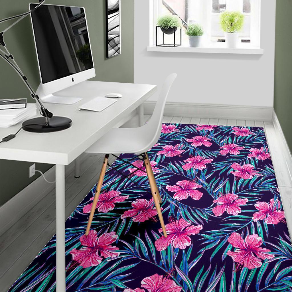 Teal Tropical Hibiscus Pattern Print Area Rug