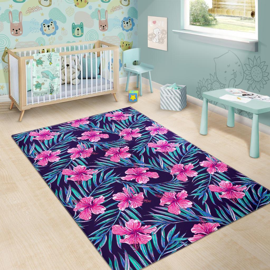 Teal Tropical Hibiscus Pattern Print Area Rug