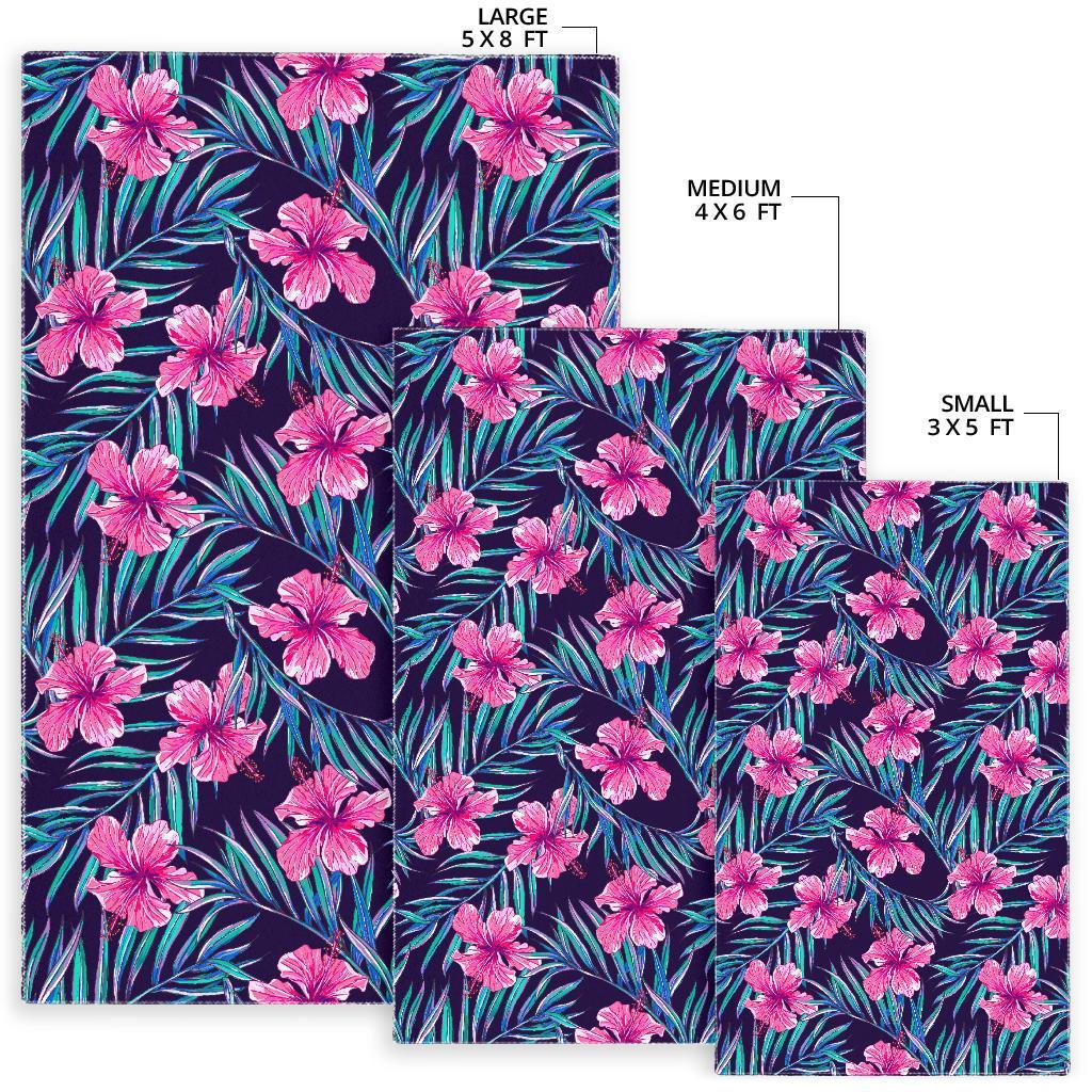 Teal Tropical Hibiscus Pattern Print Area Rug
