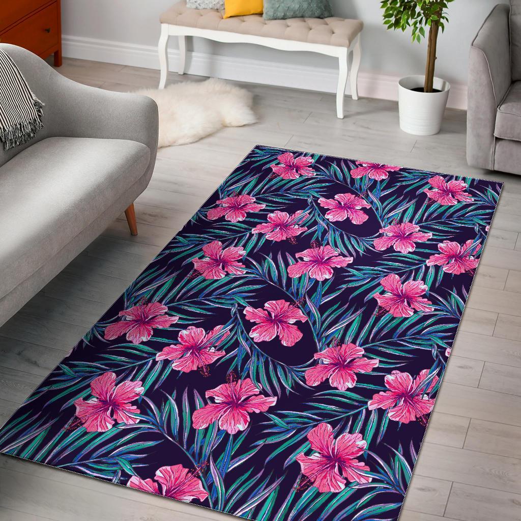Teal Tropical Hibiscus Pattern Print Area Rug