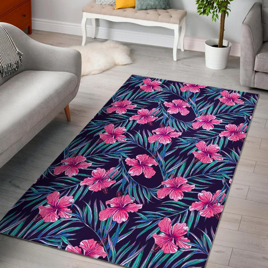 Teal Tropical Hibiscus Pattern Print Area Rug
