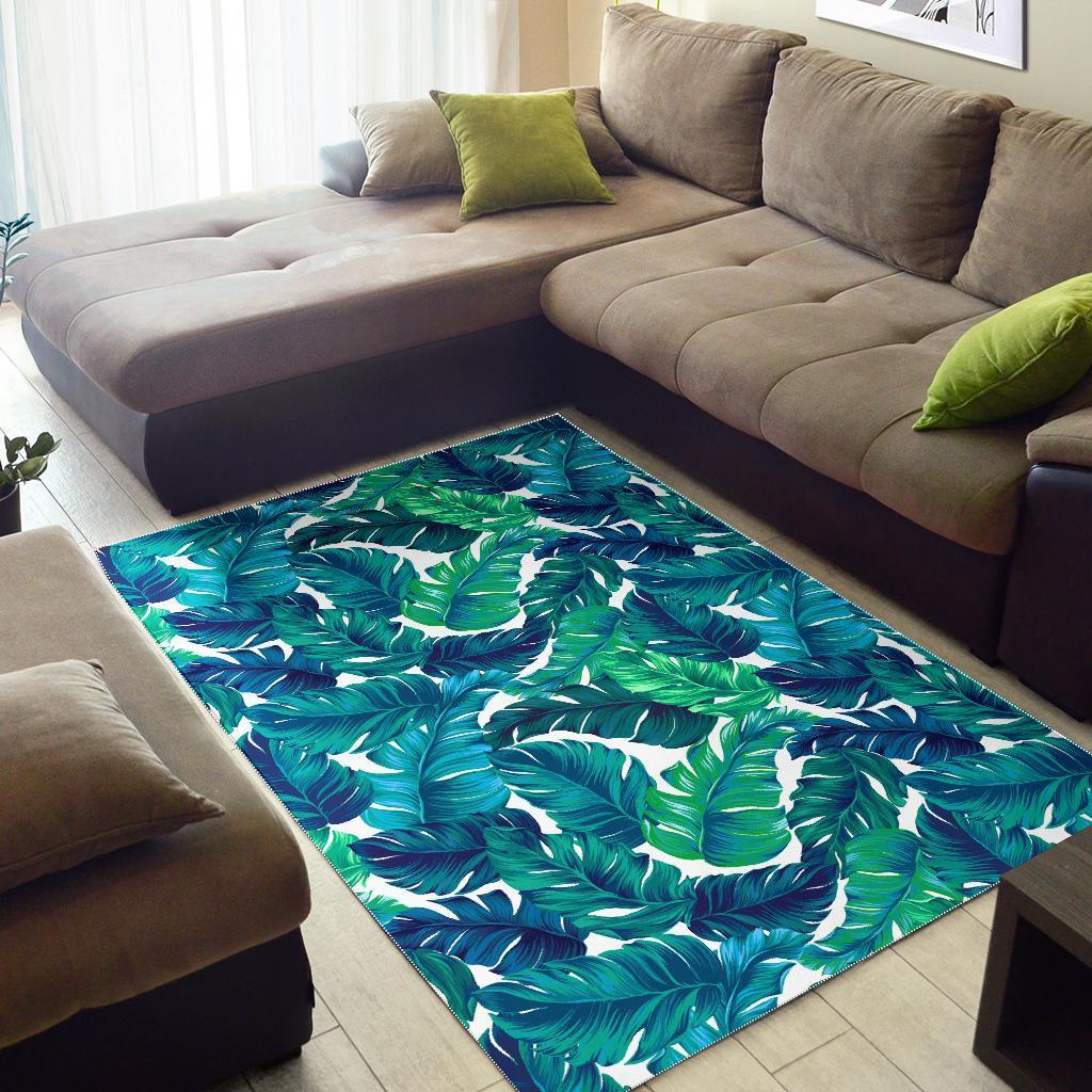 Teal Tropical Leaf Pattern Print Area Rug