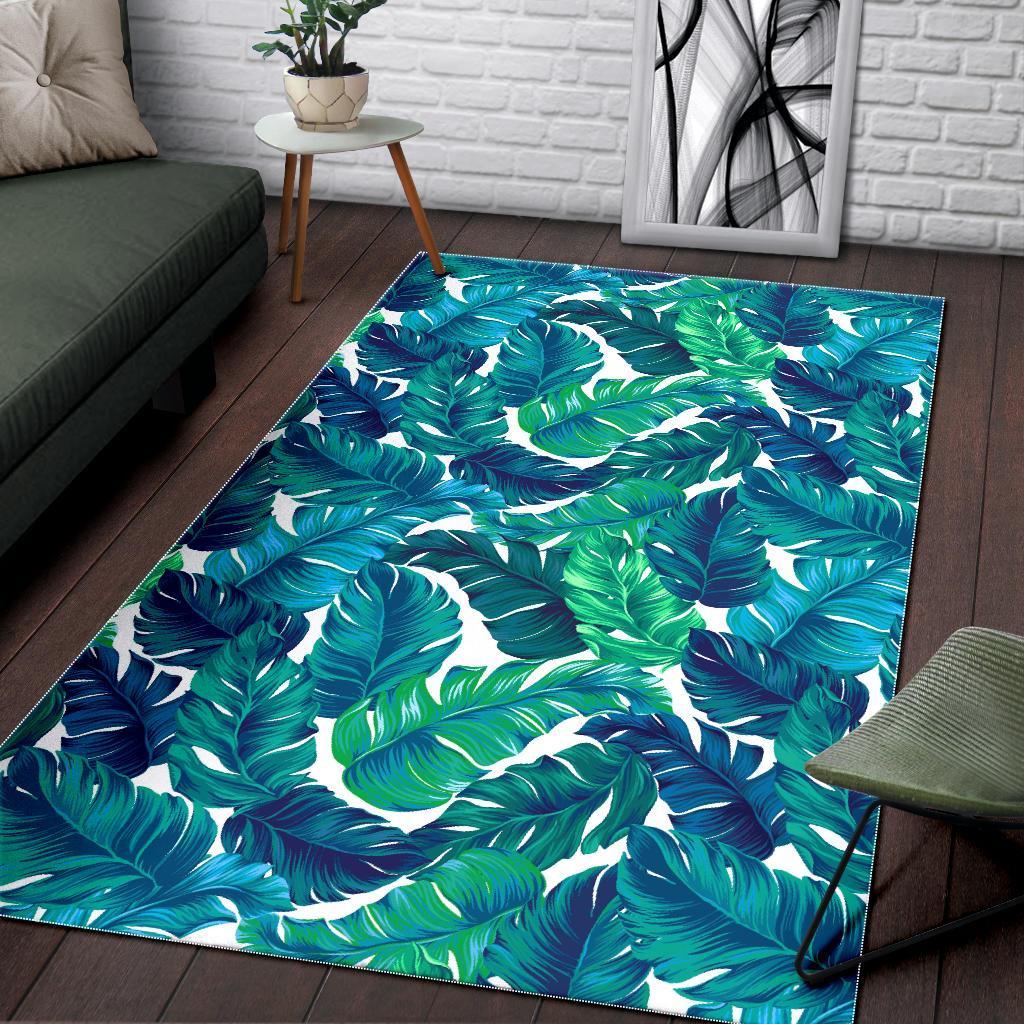 Teal Tropical Leaf Pattern Print Area Rug