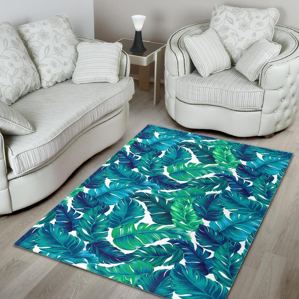 Teal Tropical Leaf Pattern Print Area Rug