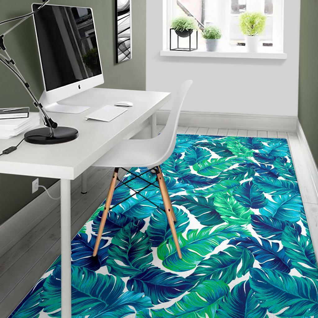 Teal Tropical Leaf Pattern Print Area Rug