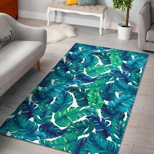Teal Tropical Leaf Pattern Print Area Rug