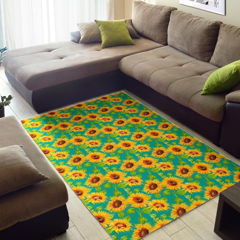 Teal Watercolor Sunflower Pattern Print Area Rug