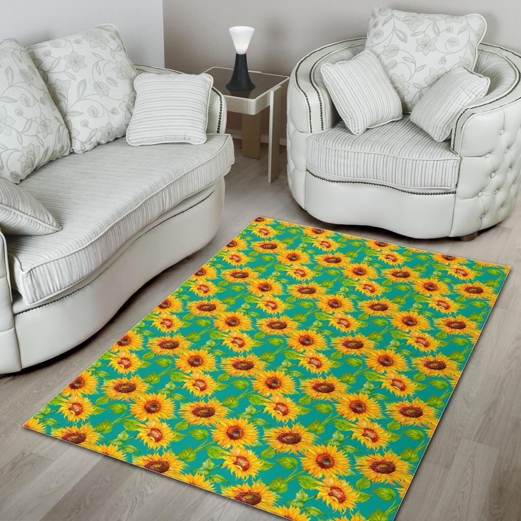 Teal Watercolor Sunflower Pattern Print Area Rug