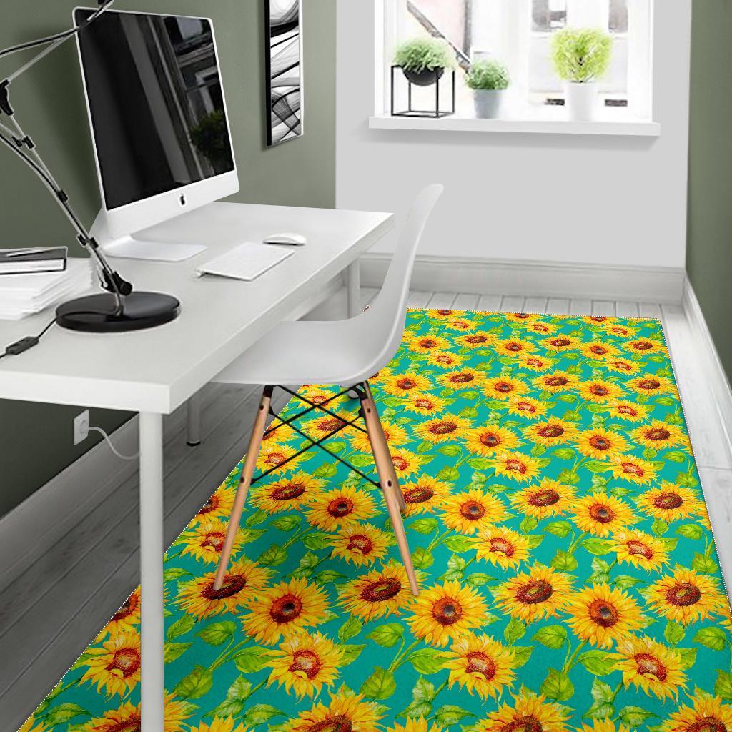 Teal Watercolor Sunflower Pattern Print Area Rug