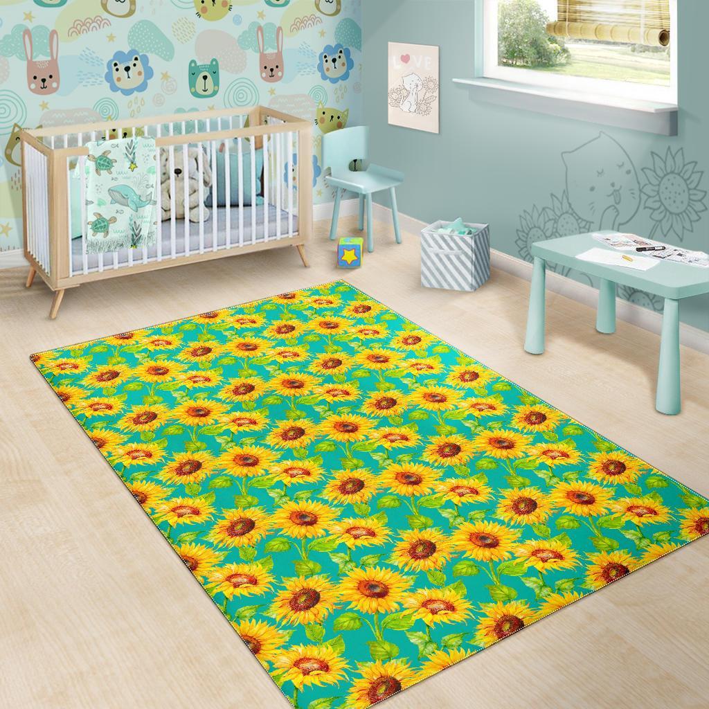 Teal Watercolor Sunflower Pattern Print Area Rug