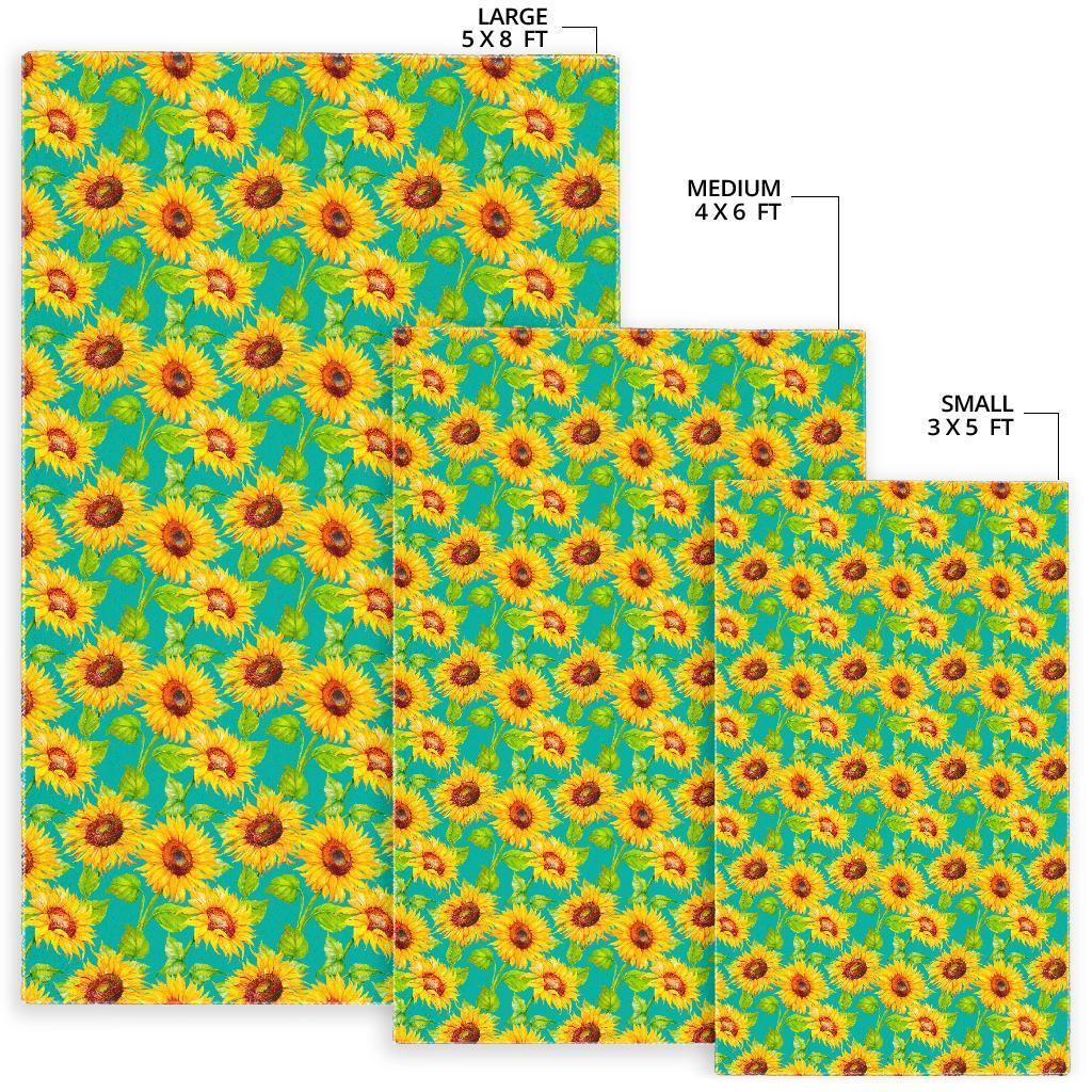 Teal Watercolor Sunflower Pattern Print Area Rug
