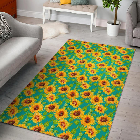 Teal Watercolor Sunflower Pattern Print Area Rug