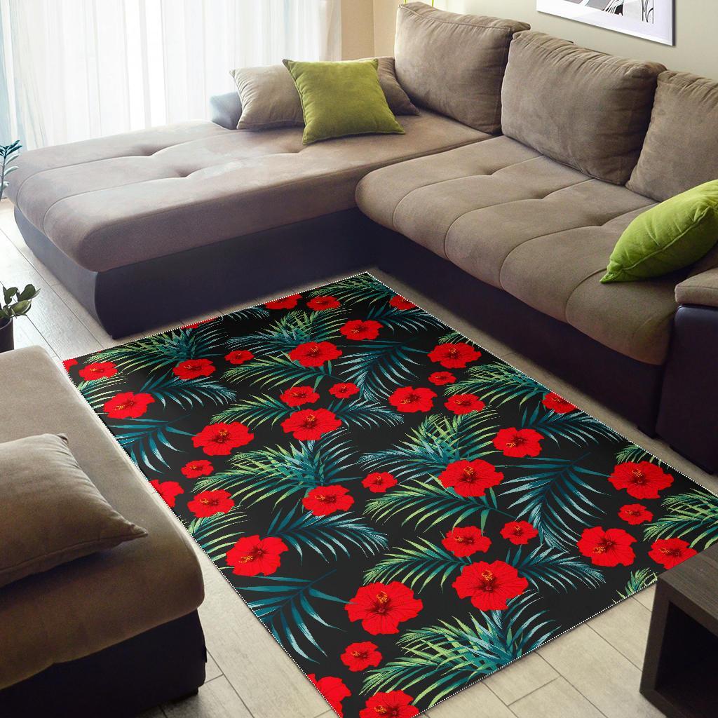 Tropical Hibiscus Leaves Pattern Print Area Rug