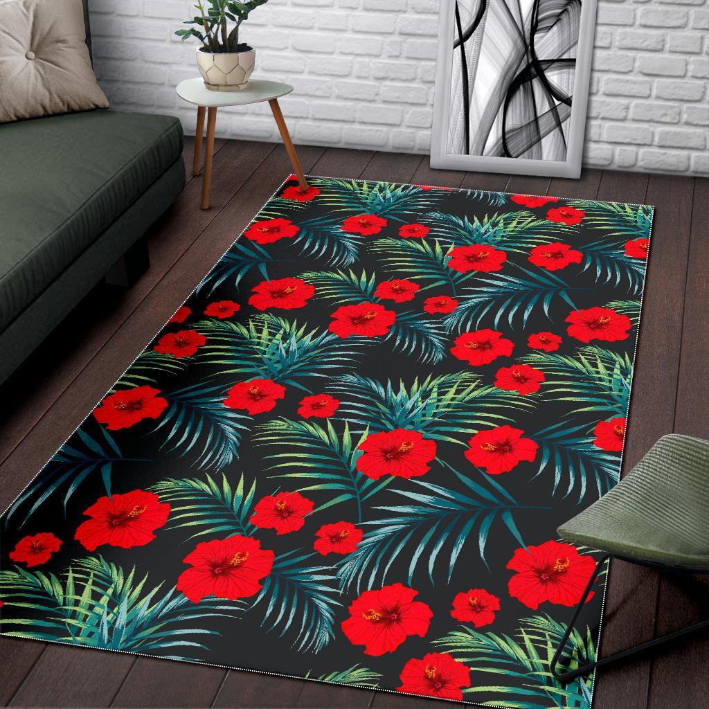 Tropical Hibiscus Leaves Pattern Print Area Rug