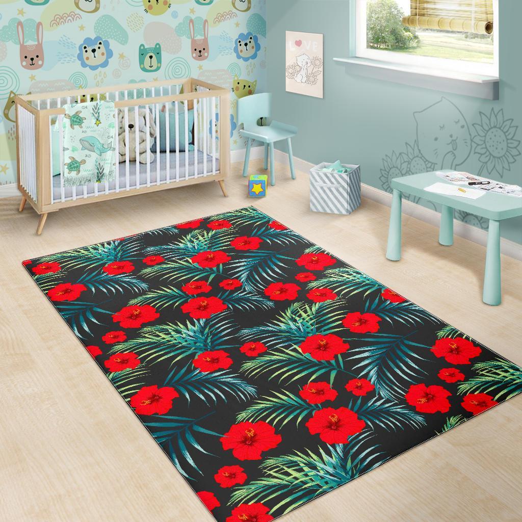 Tropical Hibiscus Leaves Pattern Print Area Rug