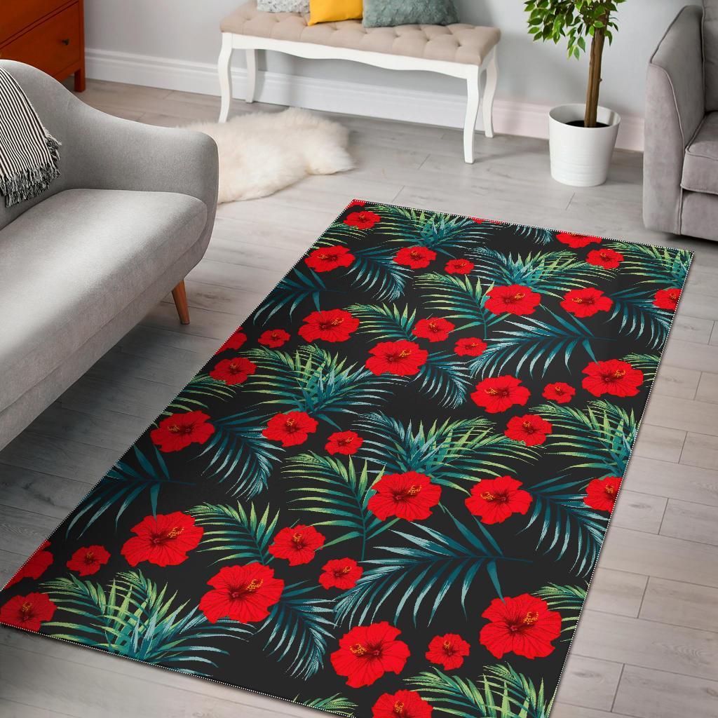 Tropical Hibiscus Leaves Pattern Print Area Rug