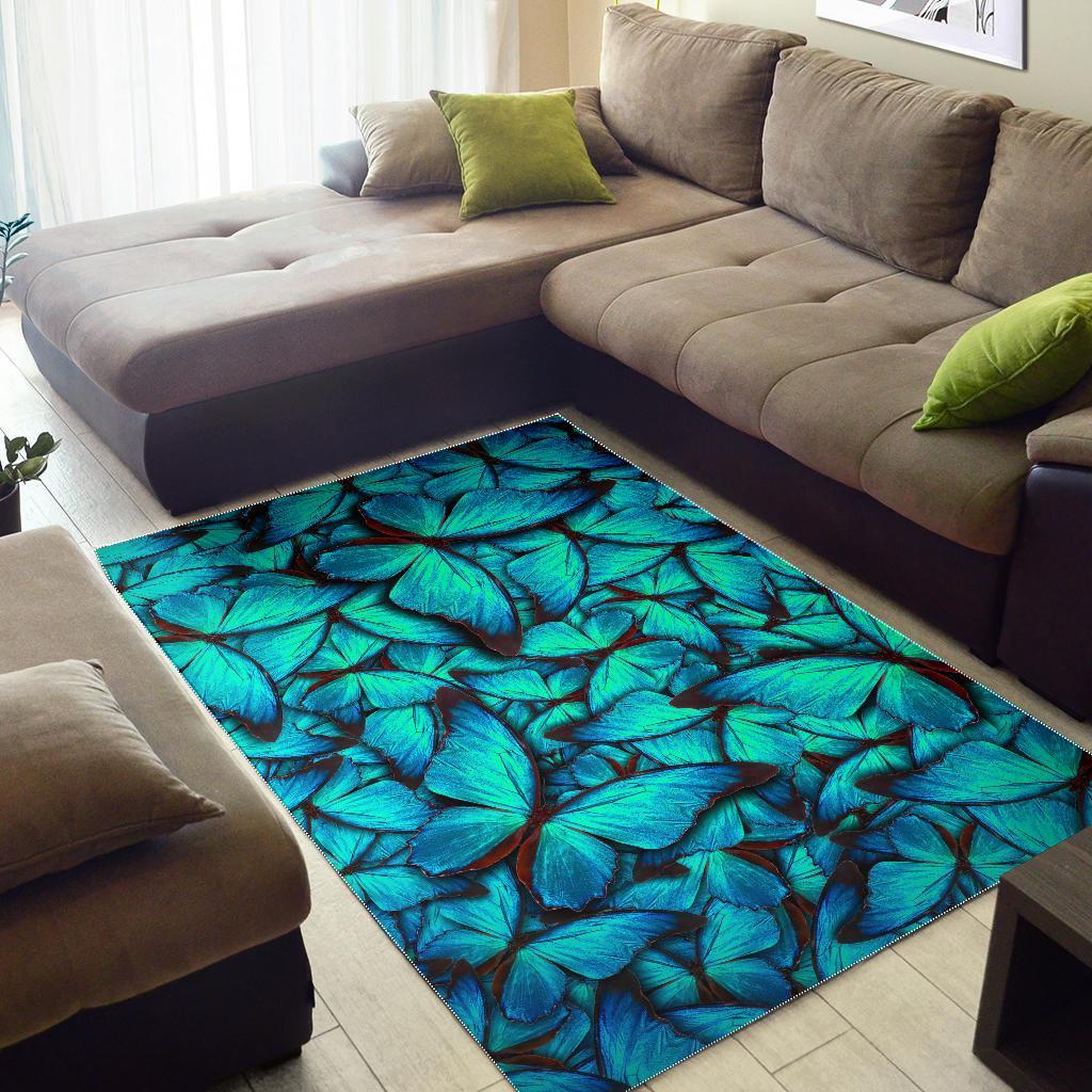 Turquoise Butterfly Pattern Print Area Rug