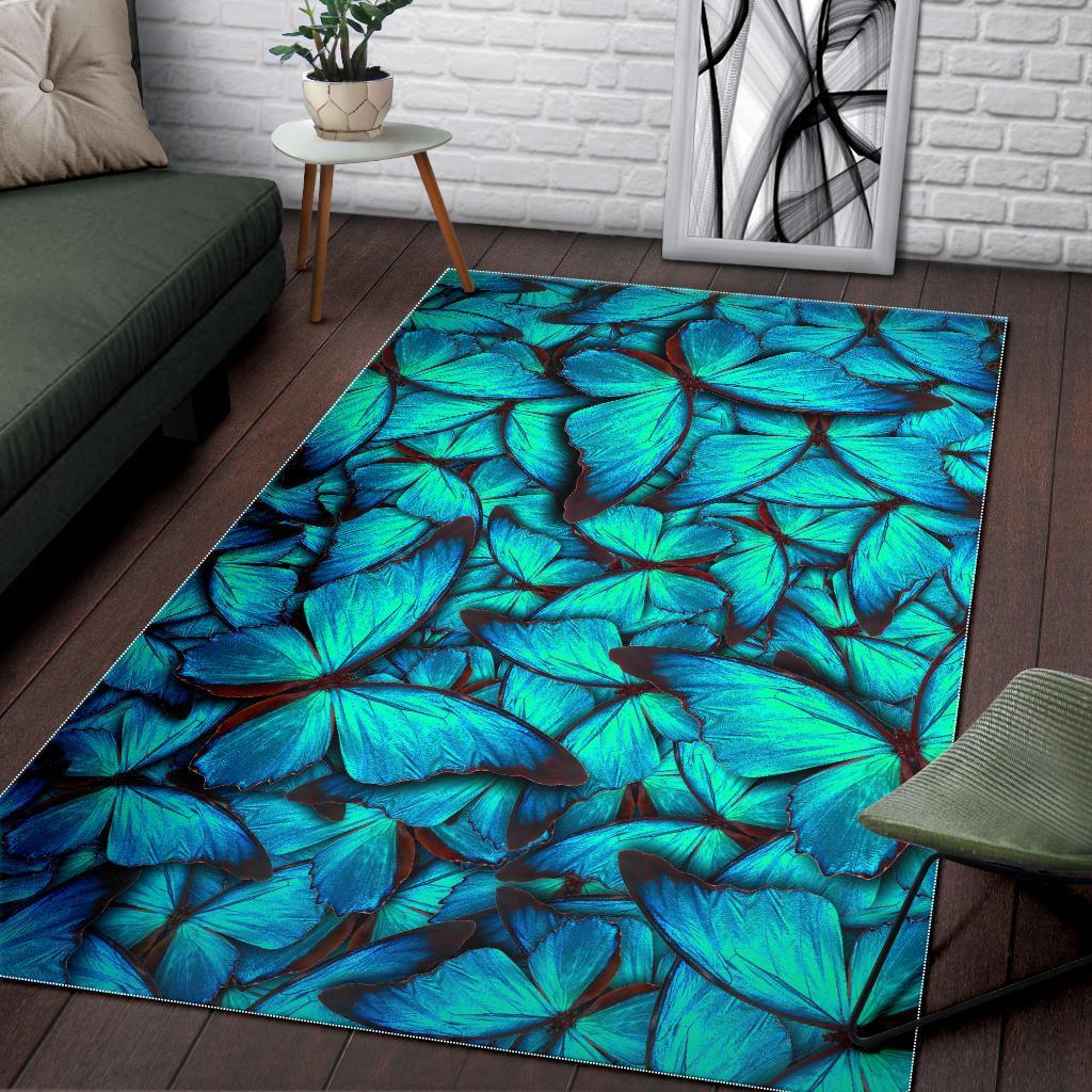 Turquoise Butterfly Pattern Print Area Rug