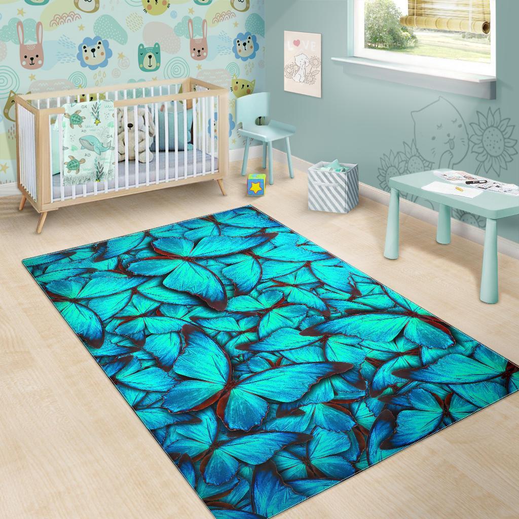 Turquoise Butterfly Pattern Print Area Rug